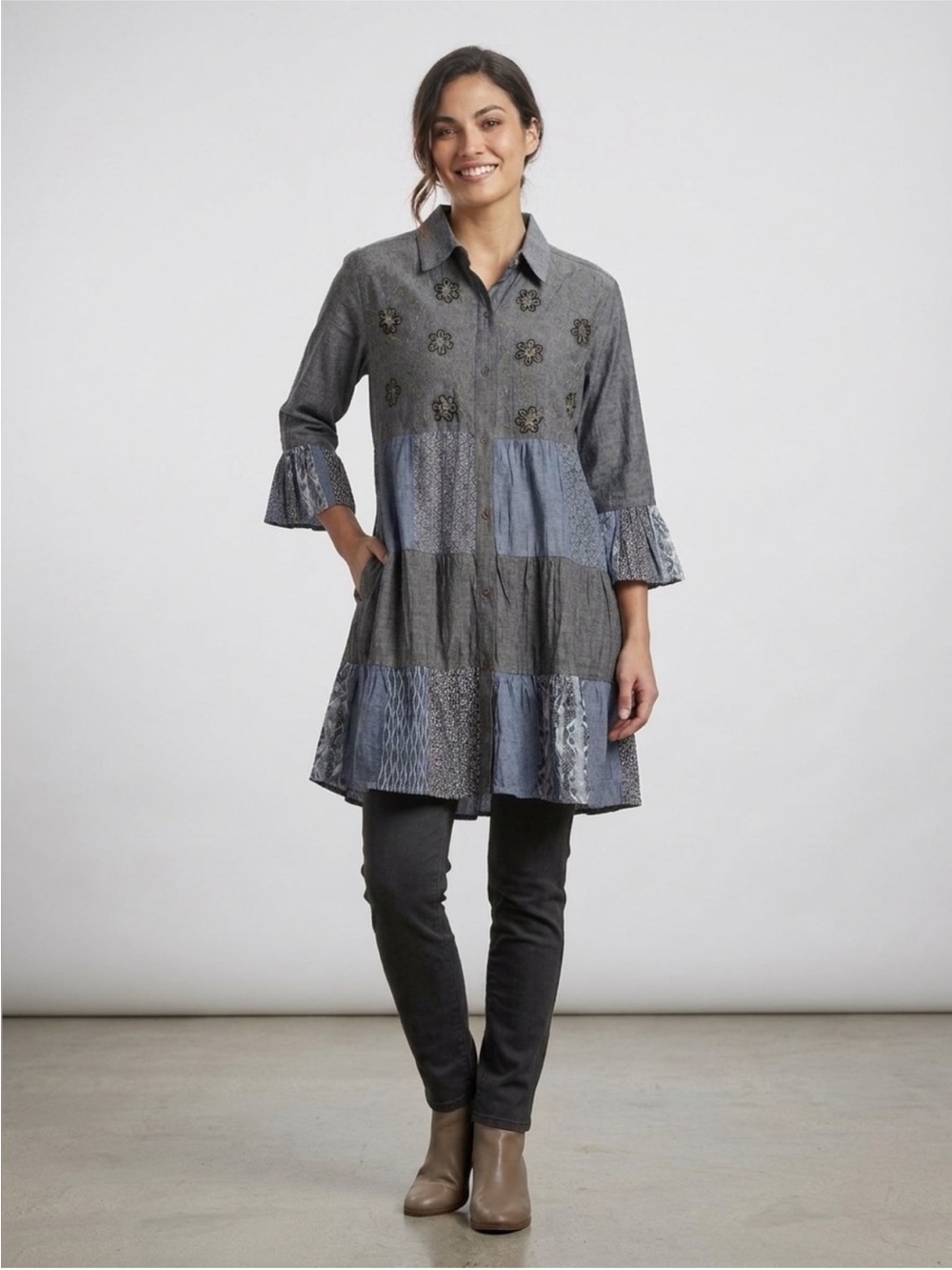 NWT: Young Threads Embroidered Mixed Patchwork 3/4 Ruffle Sleeve Tunic/Dress• S